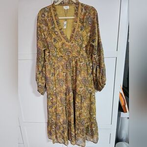 NWT World Market Boho Paisley Maxi Midi Dress Floral Tiered V-Neck L/XL 10-12